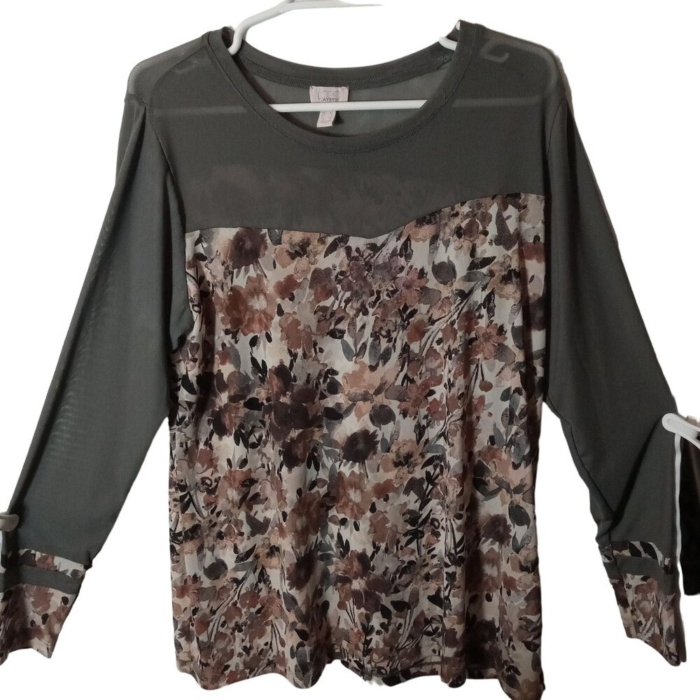 Logo Layers Lori Goldstein Printed Sheer Mesh Floral Long Sleeve Tunic Top L QVC